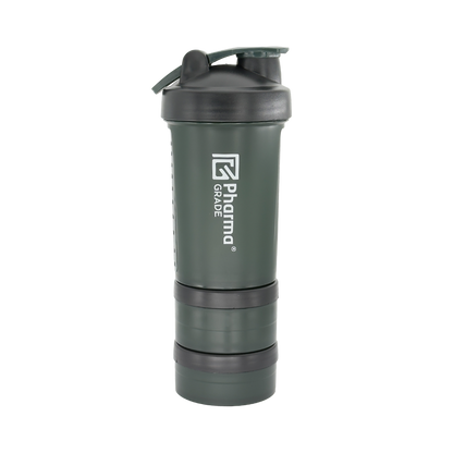 Pharma Grade Triple Pro Shaker 450ml verde military cu 2 capsule detasabile vedere frontala