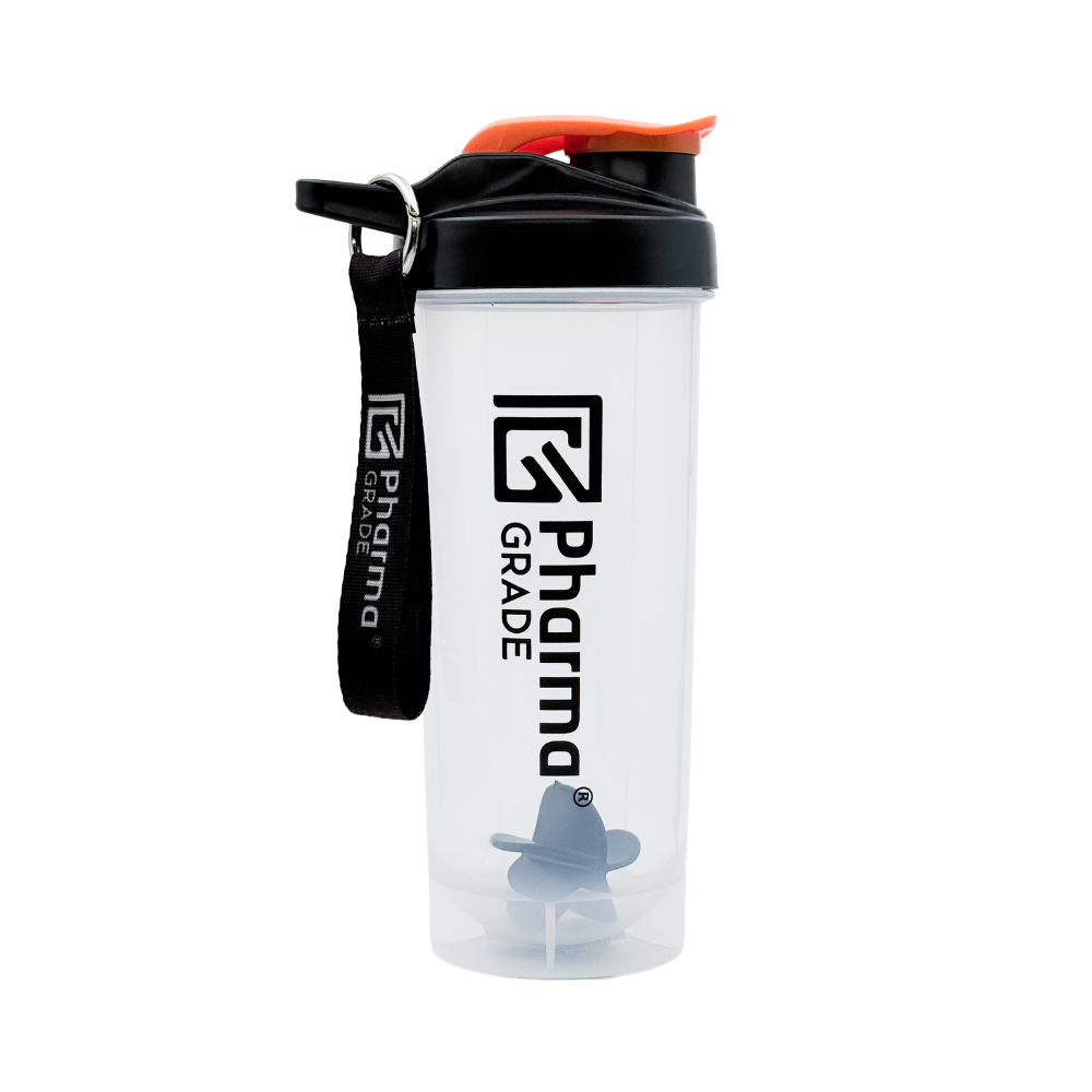 Shaker Pharma Grade Pro 700ml transparent cu capac negru si accent orange vedere frontala